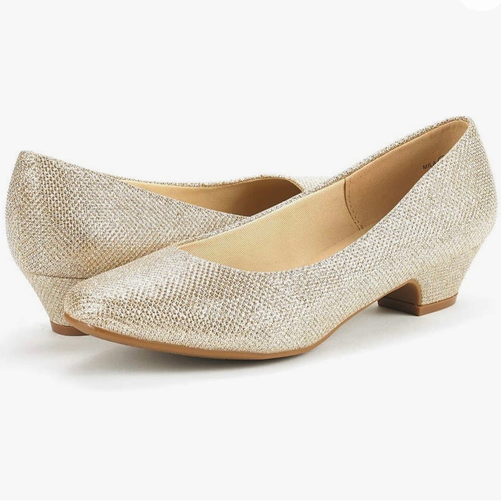 Brand new, never worn gold glitter, low heel shoes for eveningwear.